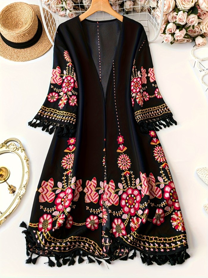 Elegant Floral  Collarless Open Front Tunic Cardigan