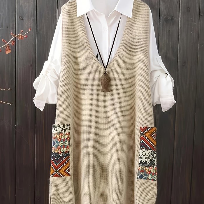 Plus Size V-neck Knitted Sweater Vest Dress - Casual Random Print Pocket