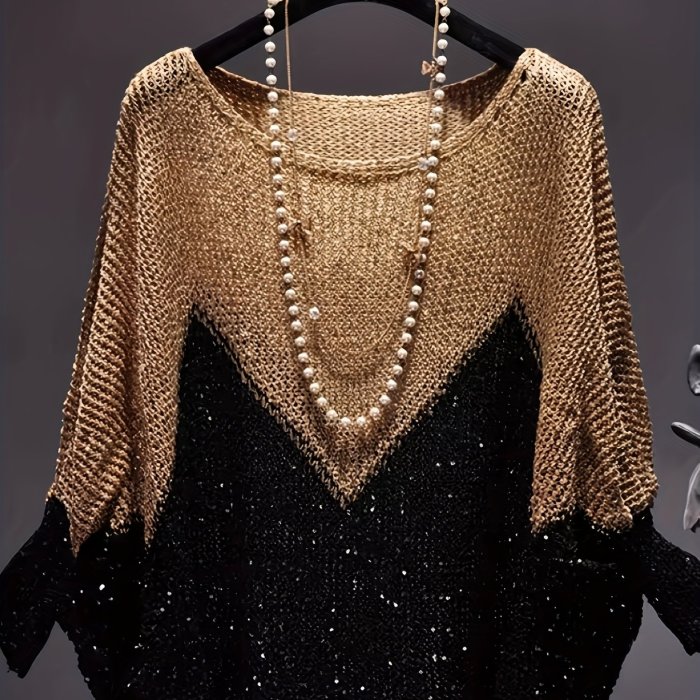 Vintage-Inspired Color Block Top with Asymmetrical Hem  Loose Fit Batwing Sleeves Pullover