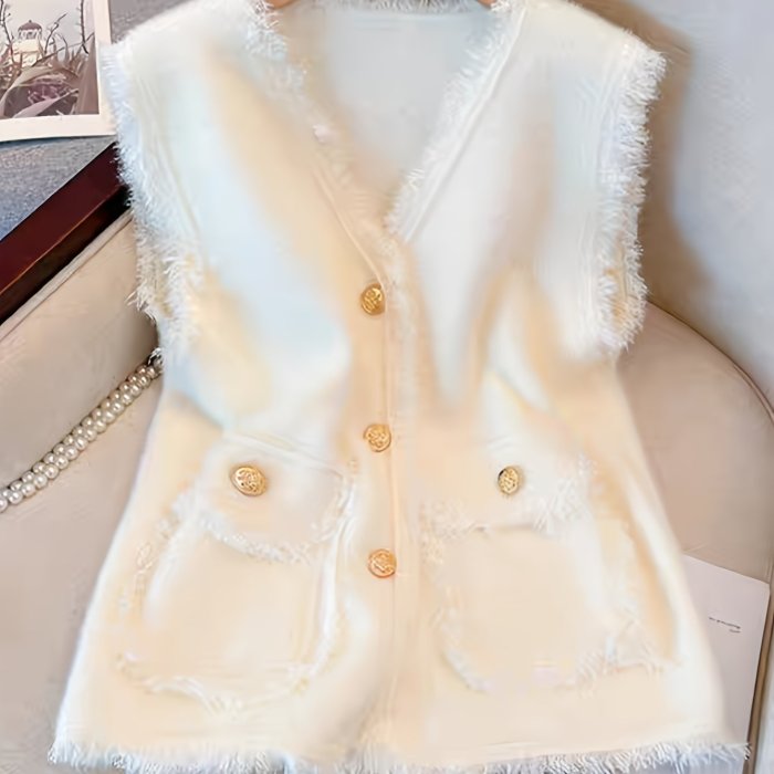 Elegant Women's V-Neck Knit Vest Cardigan