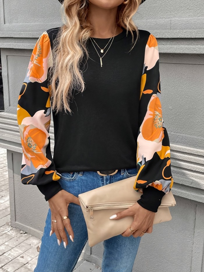 Women's Elegant Leopard Print Long Sleeve Round Neck Medium Stretch Top T-Shirt