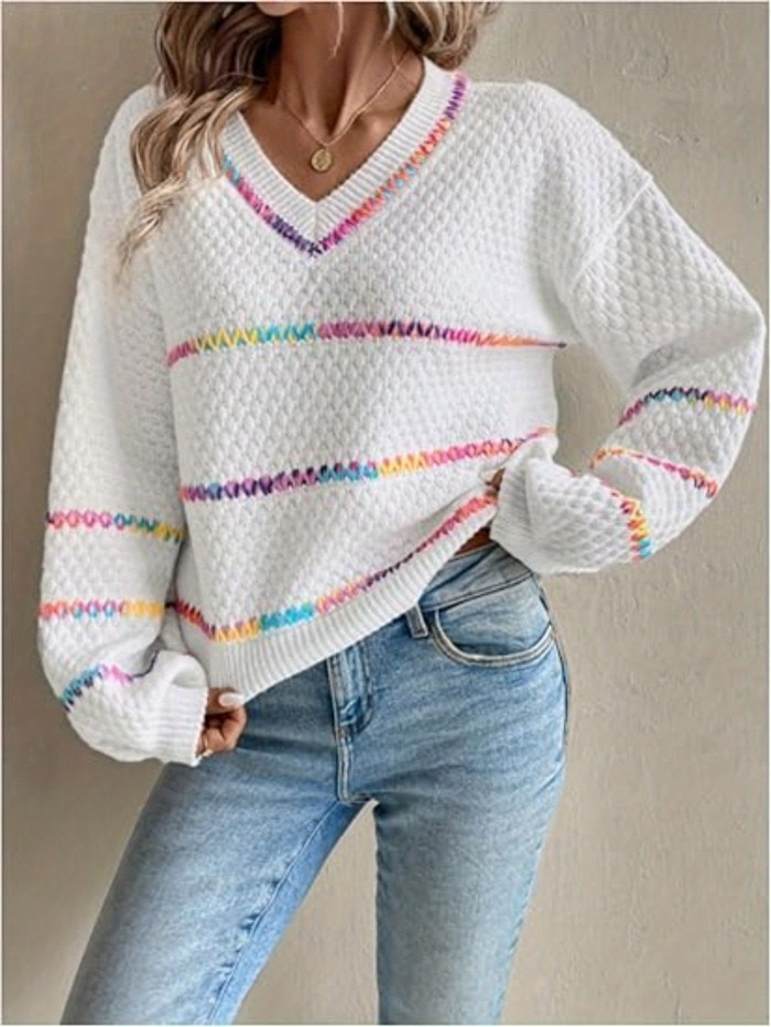 Women's Long Sleeved Pullover Loose Sweater Striped V-neck Contrasting White Top