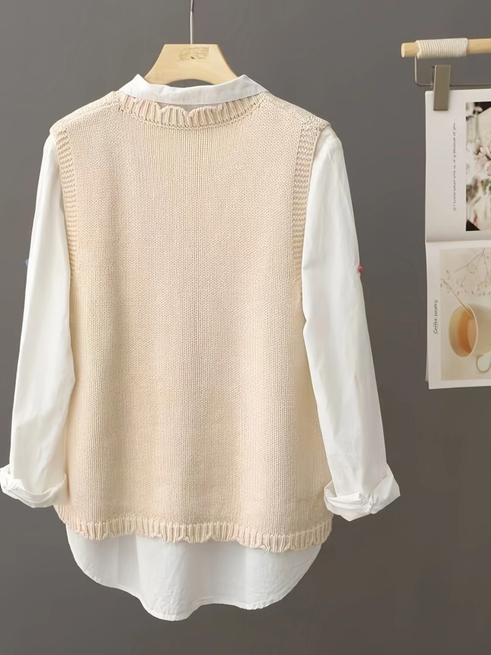 Plus Size Floral Elegant Open Front Design V-Neck Vest Sweater