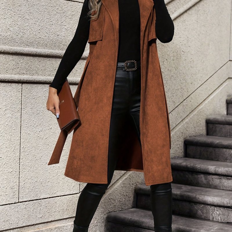Elegant Solid ColorTrench Vest with Belt