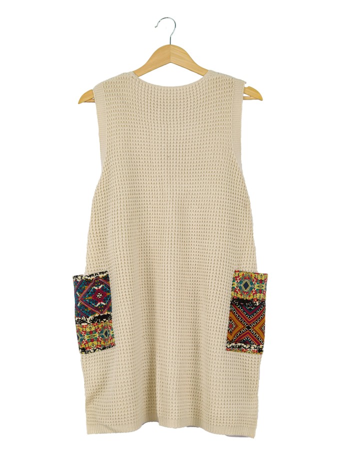 Plus Size V-neck Knitted Sweater Vest Dress - Casual Random Print Pocket