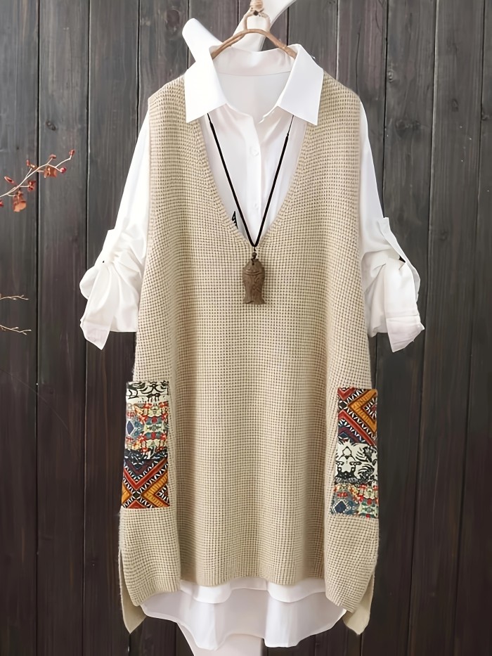 Plus Size V-neck Knitted Sweater Vest Dress - Casual Random Print Pocket