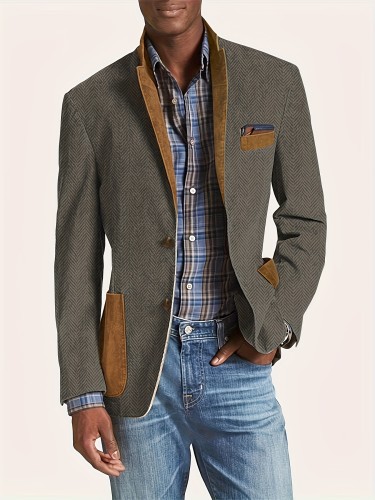 Men'S Plus Size Herringbone Blazer, Polyester Work Style Jacket