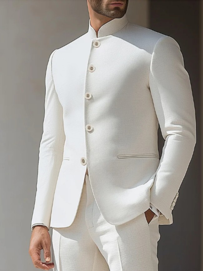 Men'S Elegant Solid White Stand Collar Button-Up Long Sleeve Jacket