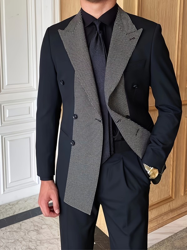 Men'S Long Sleeve Button-Up Slim-Fit Double-Breasted Blazer with Houndstooth Pattern