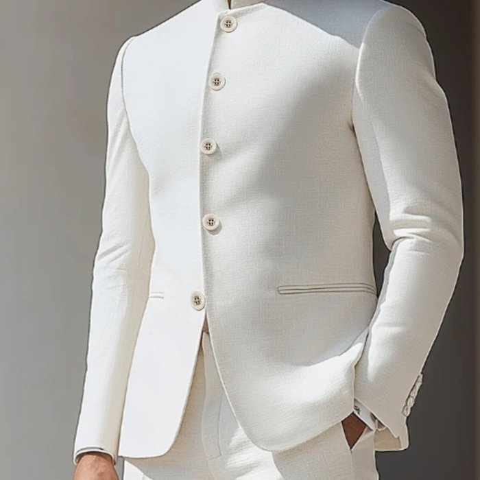 Men'S Elegant Solid White Stand Collar Button-Up Long Sleeve Jacket