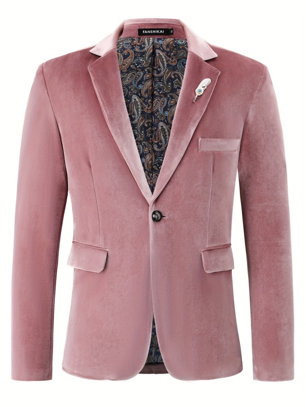 Men's Retro Elegant One-Button Soft Pink Paisley Print Lapel Jacket Blazer