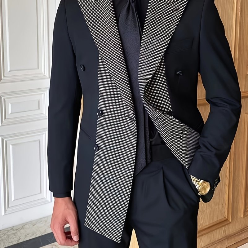 Men'S Long Sleeve Button-Up Slim-Fit Double-Breasted Blazer with Houndstooth Pattern
