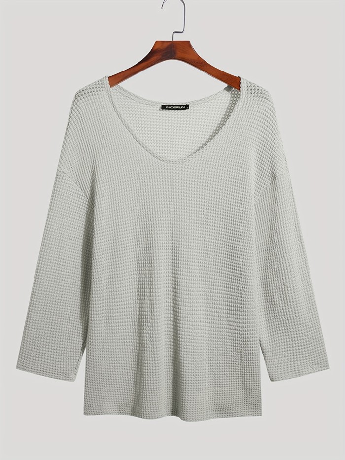 Men's Casual Loose Long Sleeve V-Neck Mesh Knit T-Shirt