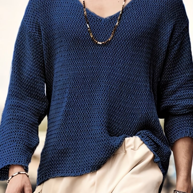 Men's Casual Loose Long Sleeve V-Neck Mesh Knit T-Shirt