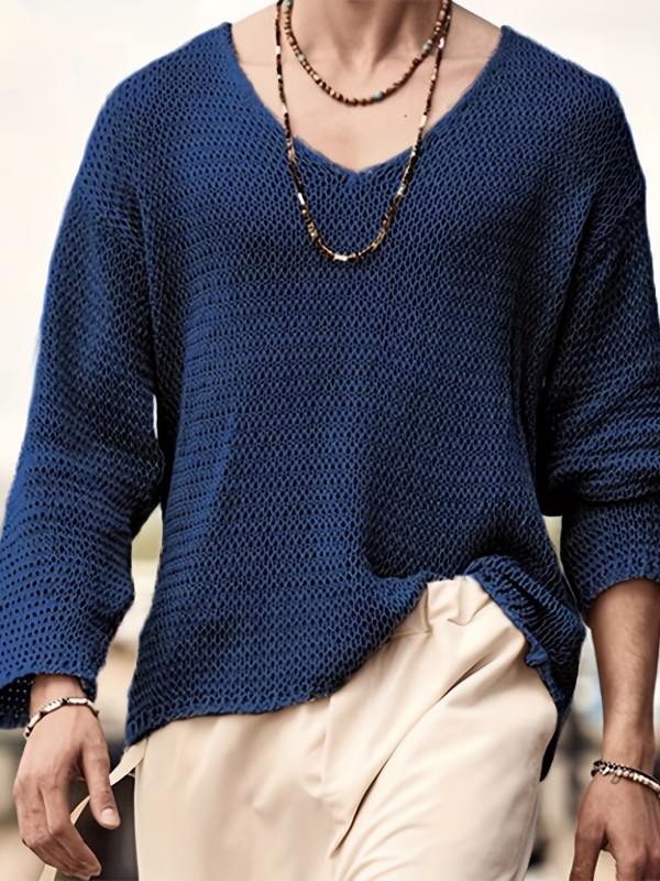 Men's Casual Loose Long Sleeve V-Neck Mesh Knit T-Shirt