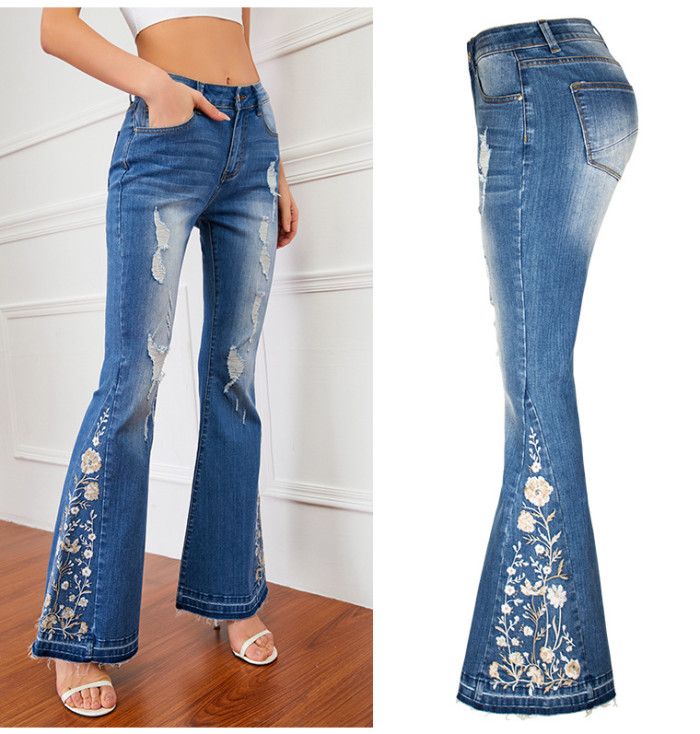 Women's Embroidery Floral Flared Jeans 3D Floral Western Denim Jeans