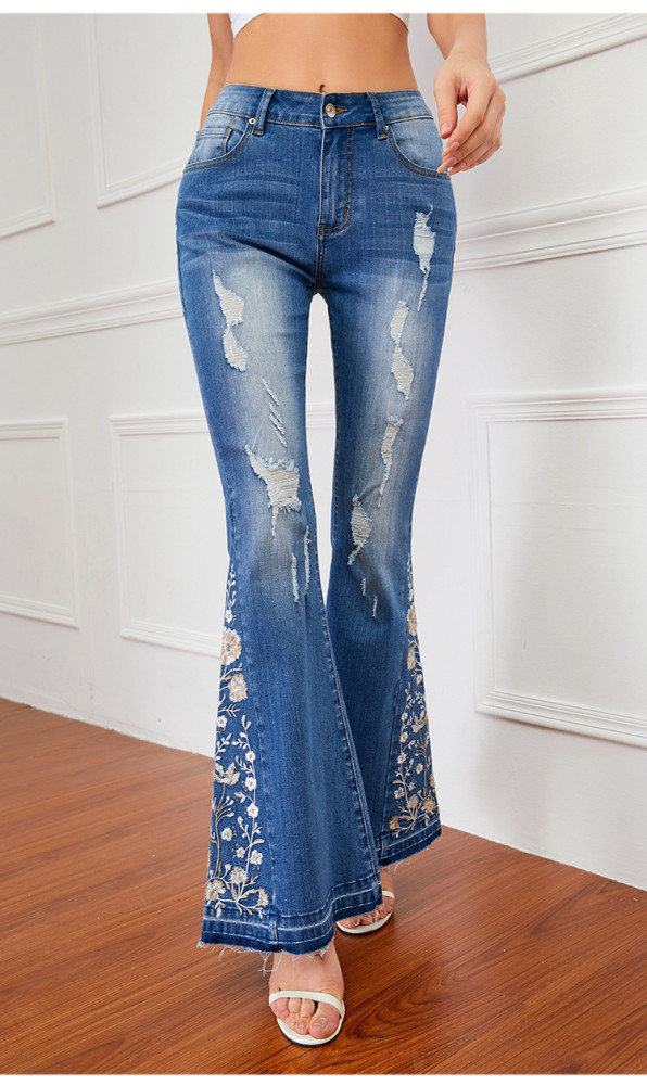 Women's Embroidery Floral Flared Jeans 3D Floral Western Denim Jeans