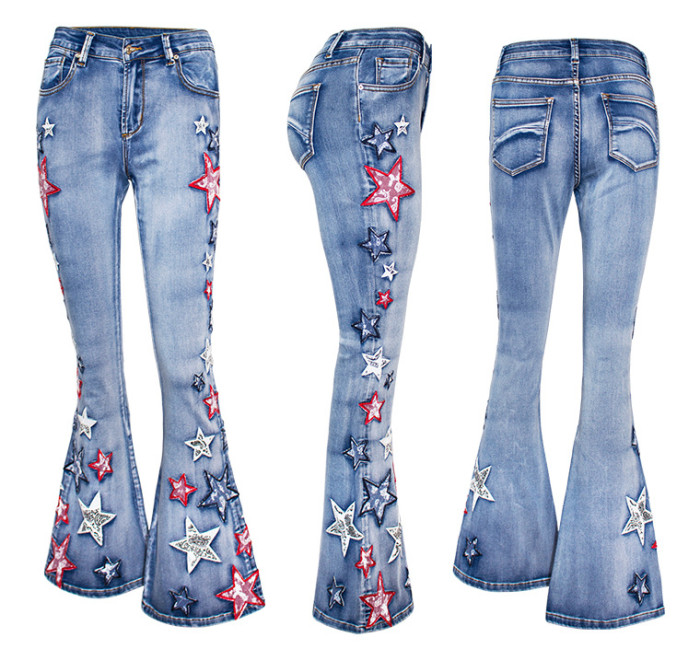 Women's Flared Denim Pant Wide Leg Pants Star Embroidery Trousers