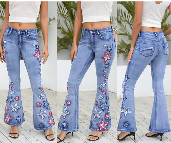 Women's Flared Denim Pant Wide Leg Pants Star Embroidery Trousers