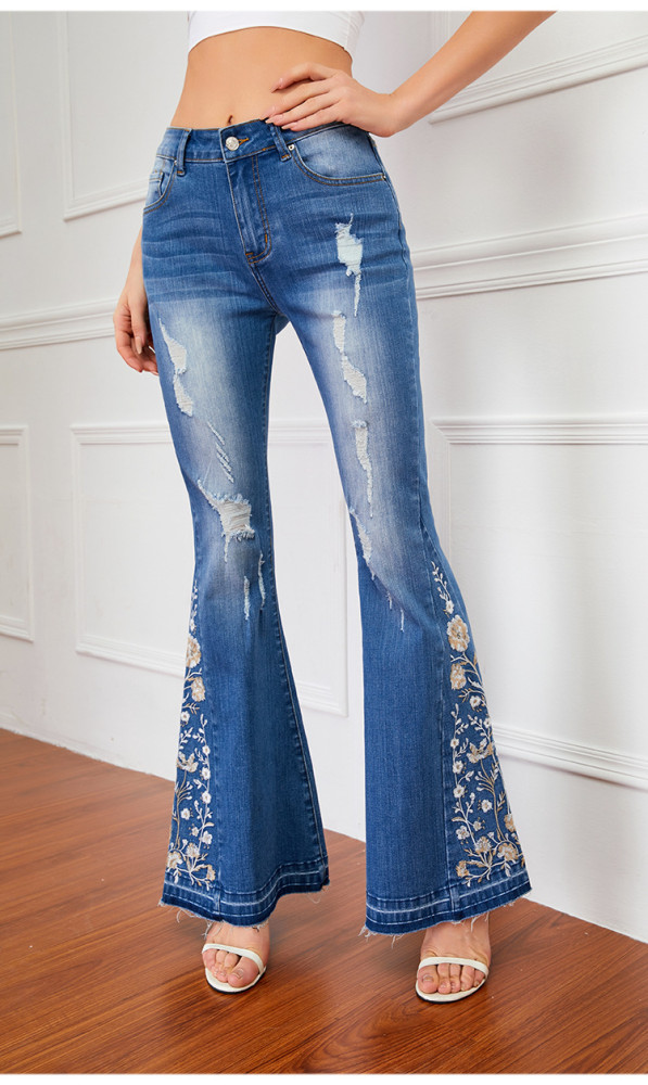 Women's Embroidery Floral Flared Jeans 3D Floral Western Denim Jeans