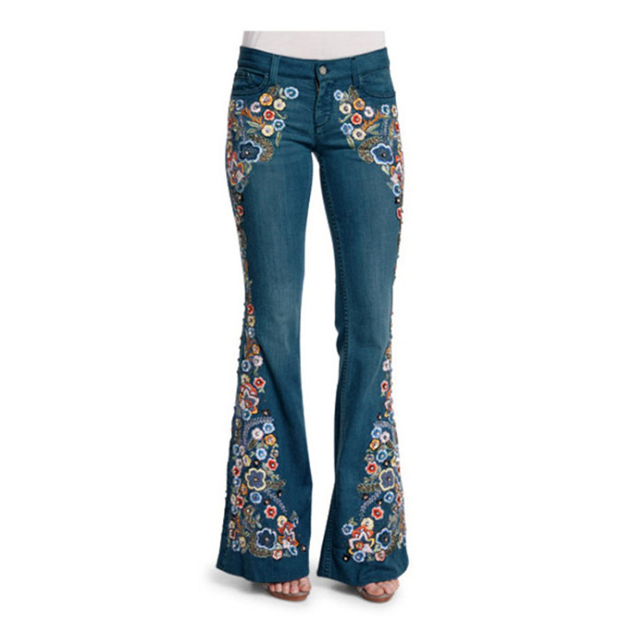 Embroidery Floral Jeans For Women Plus Size 4XL Flares Bell Wide Leg Jeans Vintage Denim Pants
