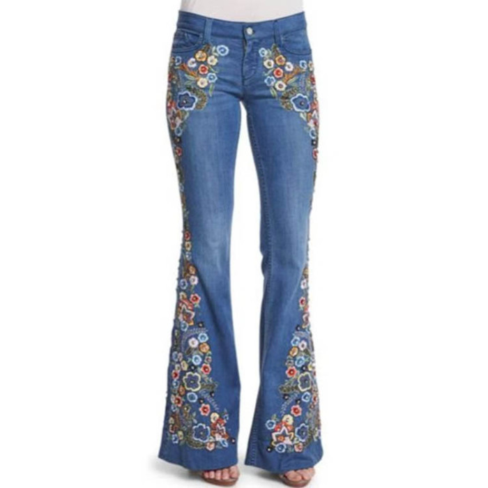 Embroidery Floral Jeans For Women Plus Size 4XL Flares Bell Wide Leg Jeans Vintage Denim Pants