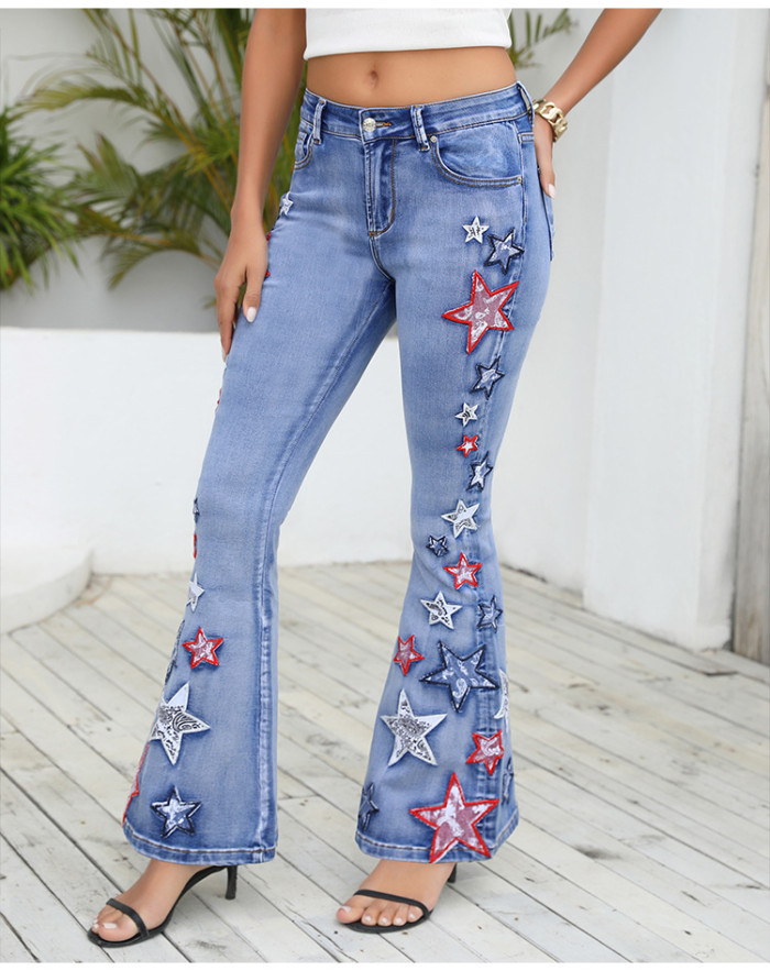 Women's Flared Denim Pant Wide Leg Pants Star Embroidery Trousers