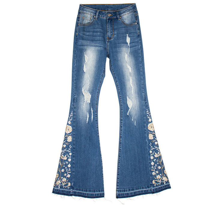 Women's Embroidery Floral Flared Jeans 3D Floral Western Denim Jeans