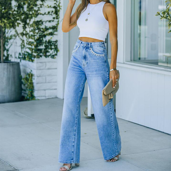 Women's Jeans Retro Boyfriend Straight Jeans with Floral Pocket