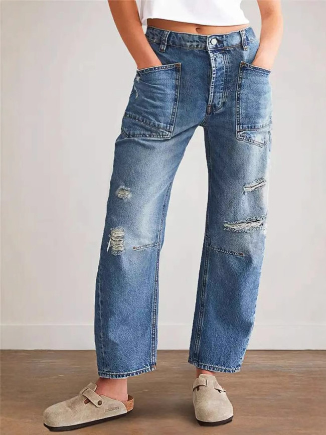 Women's Boyfriend Jeans Big Pocket Baggy Denim Jeans