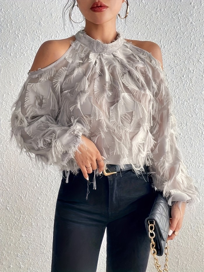 Women's Elegant Plush -Like Ruffled Long Sleeve Round Neck Blouse