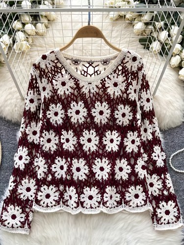 Women's Bohemian Floral Lace- Long Sleeve Maroon & White Contrast Round Neck Pullover T-Shirt