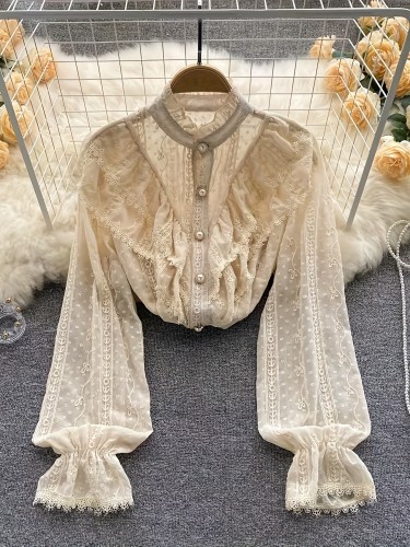 Elegant Women'S Chic Collared Shirt in Solid Color Lace Trim Long Sleeve Blouse