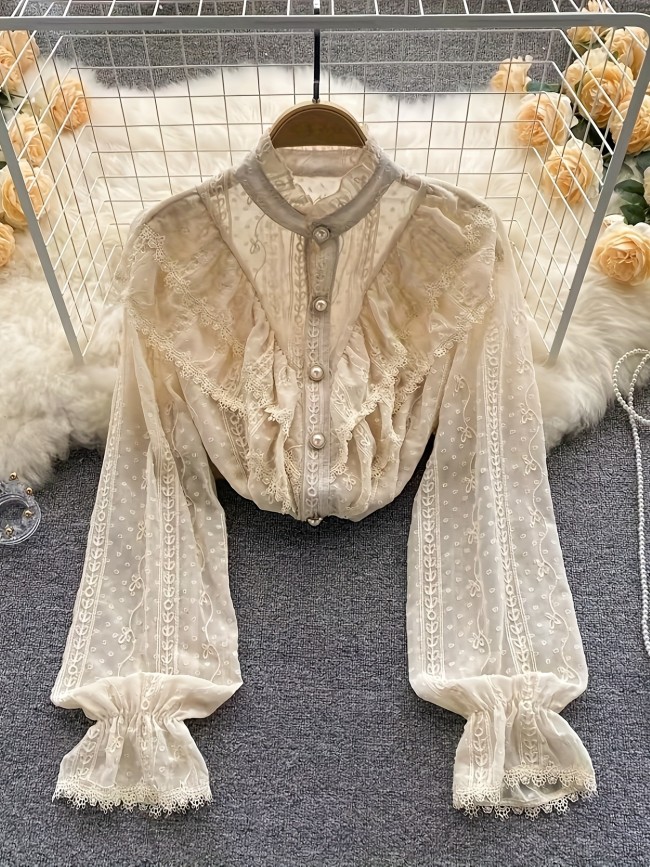 Elegant Women'S Chic Collared Shirt in Solid Color Lace Trim Long Sleeve Blouse