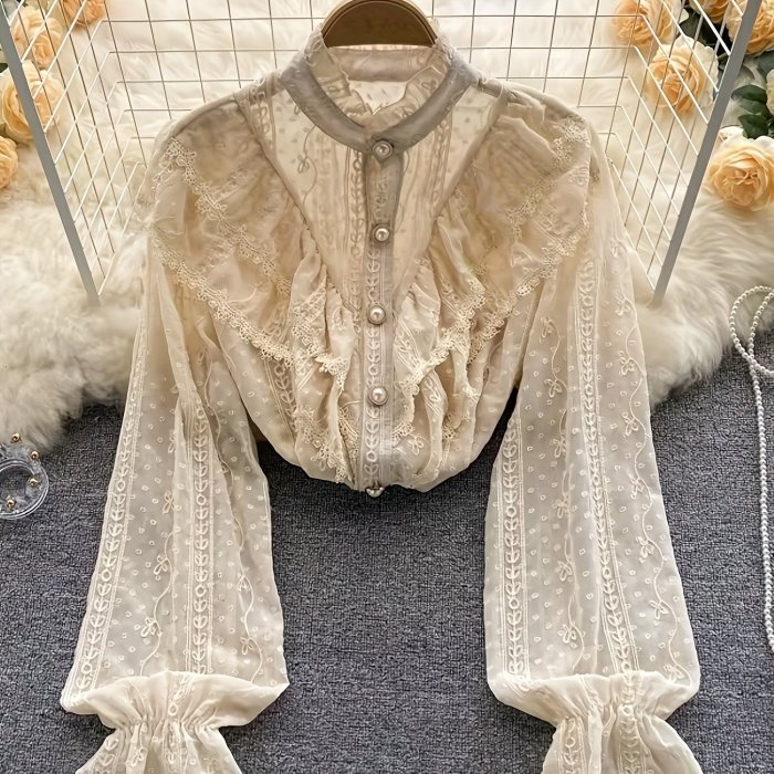 Elegant Women'S Chic Collared Shirt in Solid Color Lace Trim Long Sleeve Blouse