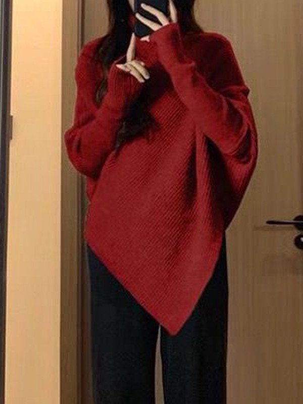 Velvet Solid Color Asymmetric Loose Long Sleeves High Neck Sweater Tops Pullovers Knitwear