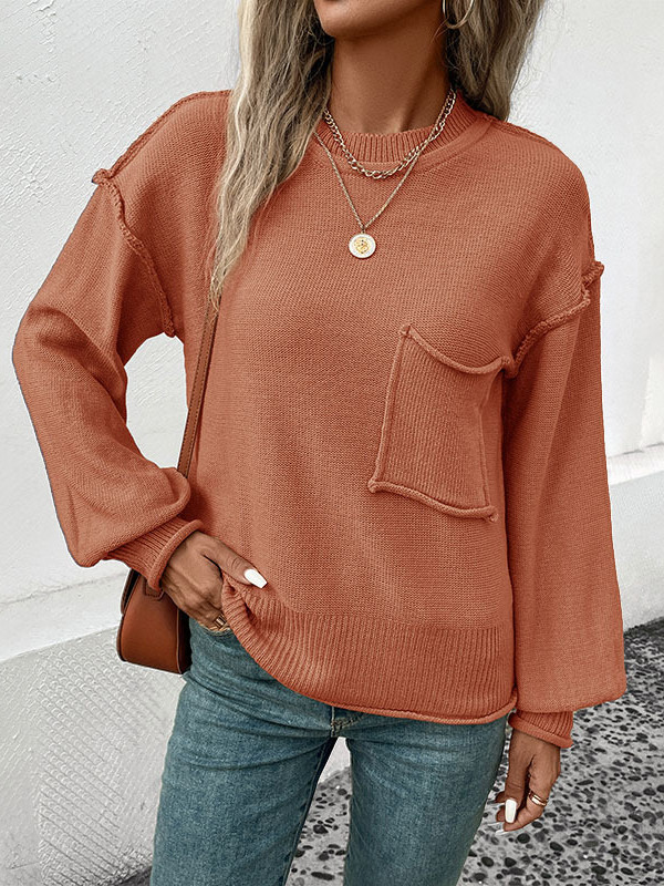 Split-Joint Solid Color Pockets Loose Long Sleeves Round-Neck Sweater Tops Pullovers