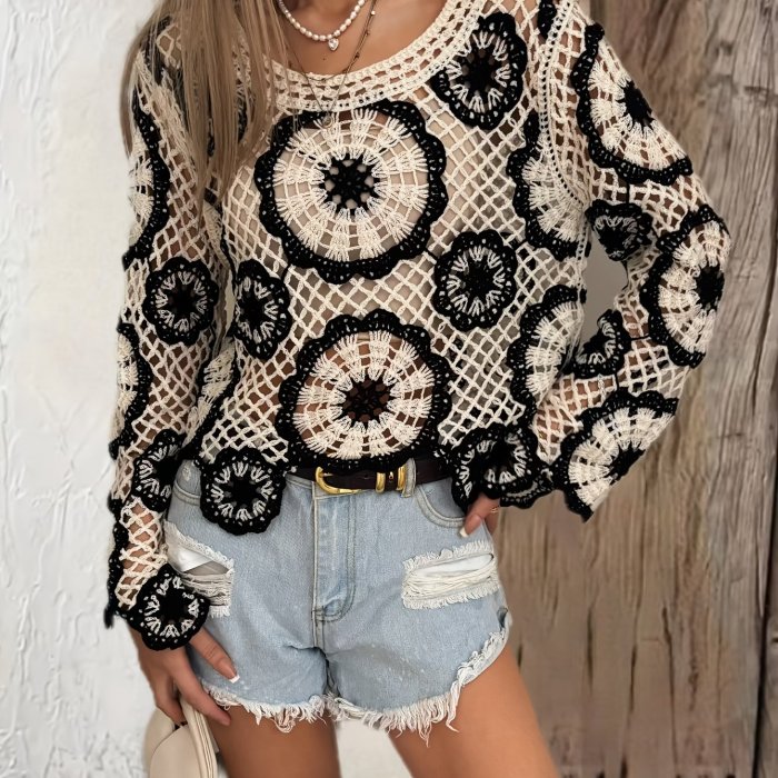 Round Neck Handmade Lace Cover-Up Stretchy