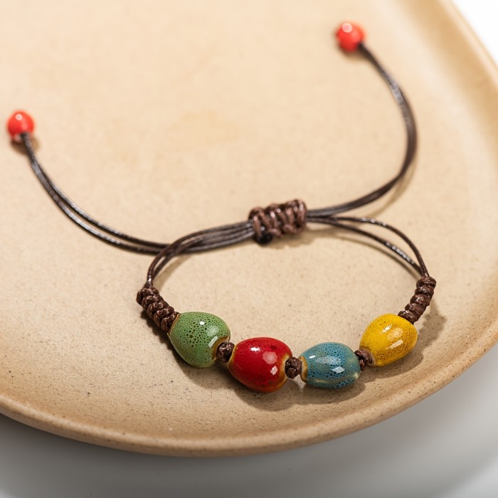 Bohemian Ceramic Heart Bracelet, Handcrafted Woven Adjustable Band, Ethnic Style, Colorful Patterned Beads, Unique Gift For Men And Women