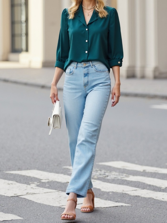 Women'S Elegant Dark Green Satin-like Blouse