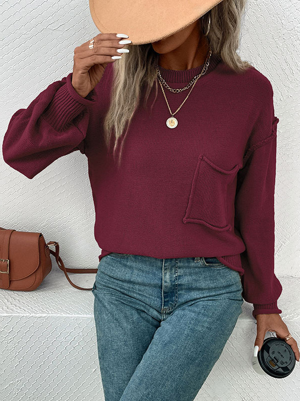 Split-Joint Solid Color Pockets Loose Long Sleeves Round-Neck Sweater Tops Pullovers