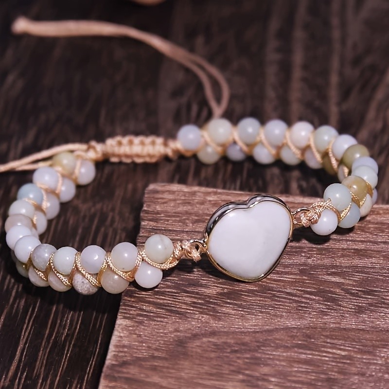 Handwoven Bohemian Double-Layer Adjustable Beaded Bracelet with Natural Amazonite Stones & Golden Heart Charm