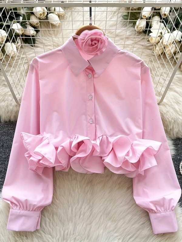 Women's Elegant  Classic White Button-Front Collar Shirt with Long Sleeves Blouse