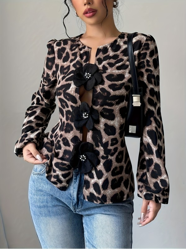 Women'S Leopard Print Long Sleeve Button-Up Blouse with Black Floral Embellishments