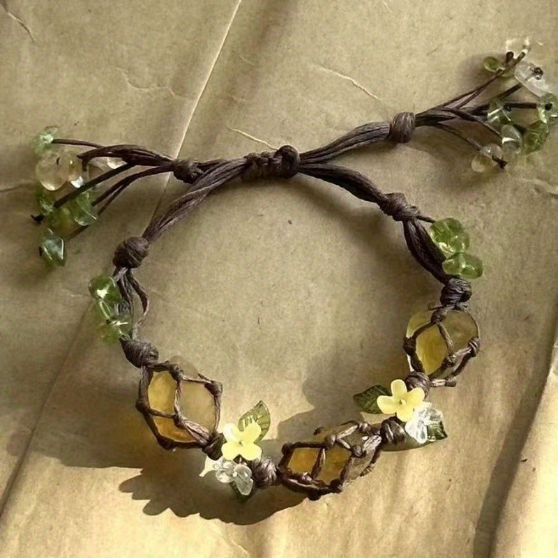 Bohemian Braided Bracelet with Osmanthus Flowers & Green\u002FTranslucent Yellow Stones
