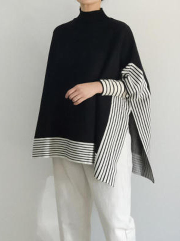 Striped Split-Side Split-Joint Loose Batwing Sleeves High Neck Sweater