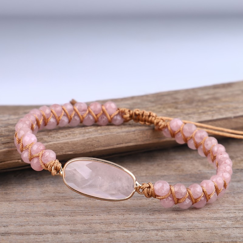Single Fashion Ladies Hand-Woven Bracelet Made from Natural Sparkling Rose Quartz for Everyday Wear