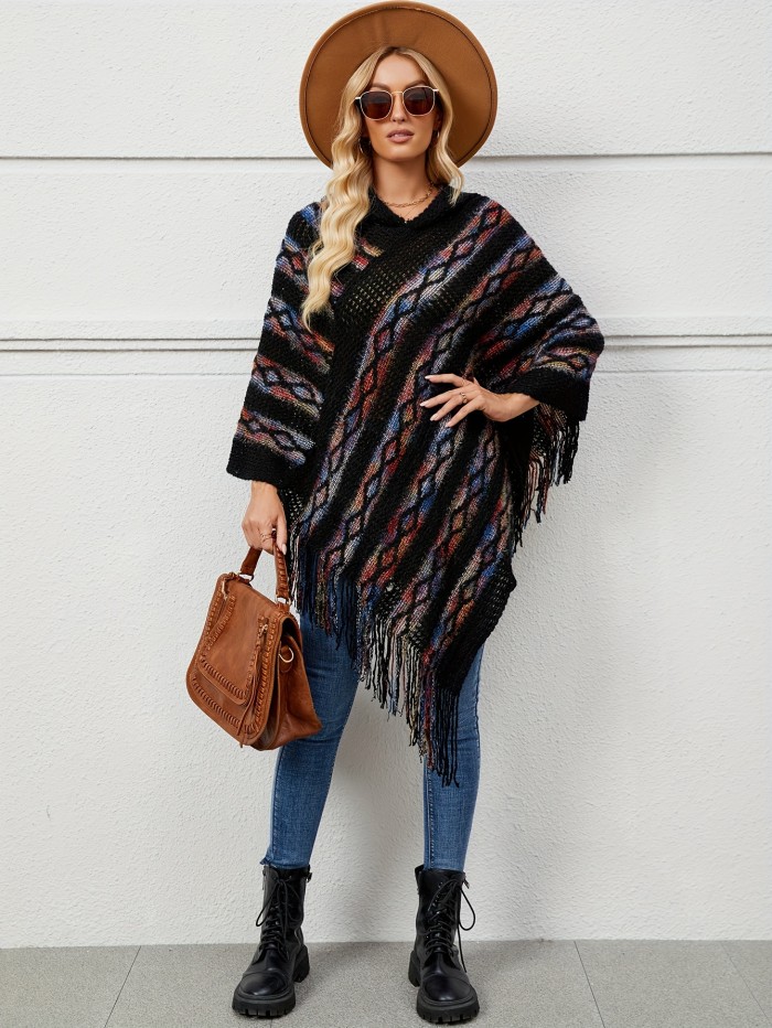 Fringe Trim Marled Poncho Elegant Hanky Hem V Neck Sweater For Fall & Winter