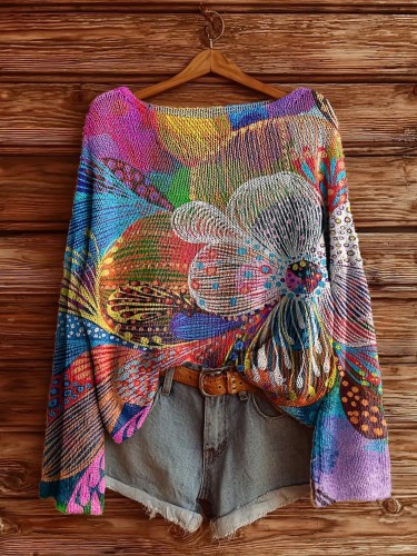 Women'S Floral Print with 3D Digital Printing High Neck Ruffled Loose Fit Long Sleeve Casual Sweater