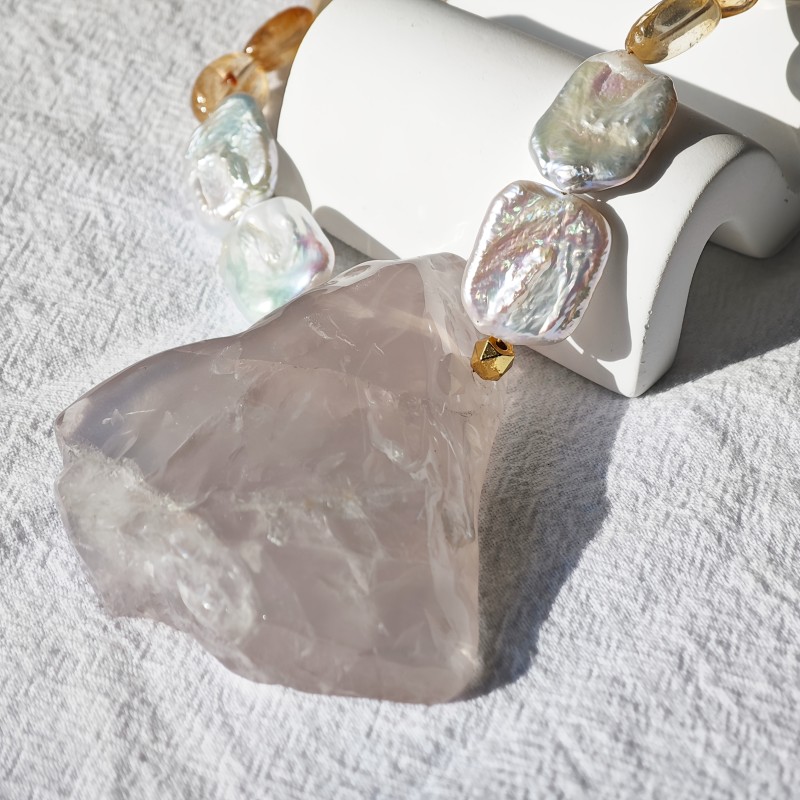 Natural Irregular Rose Quartz, Yellow Quartz & Freshwater Pearls Bohemian Necklace